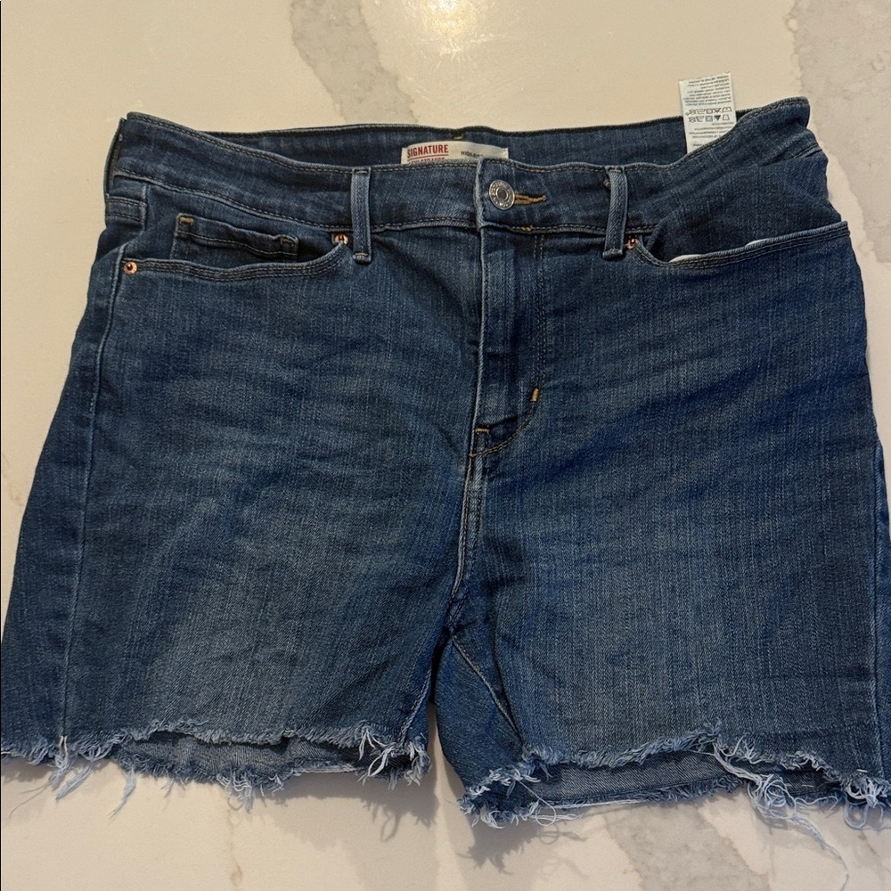 Signature by Levi Strauss High Waist Frayed Denim Shorts - Dark Blue